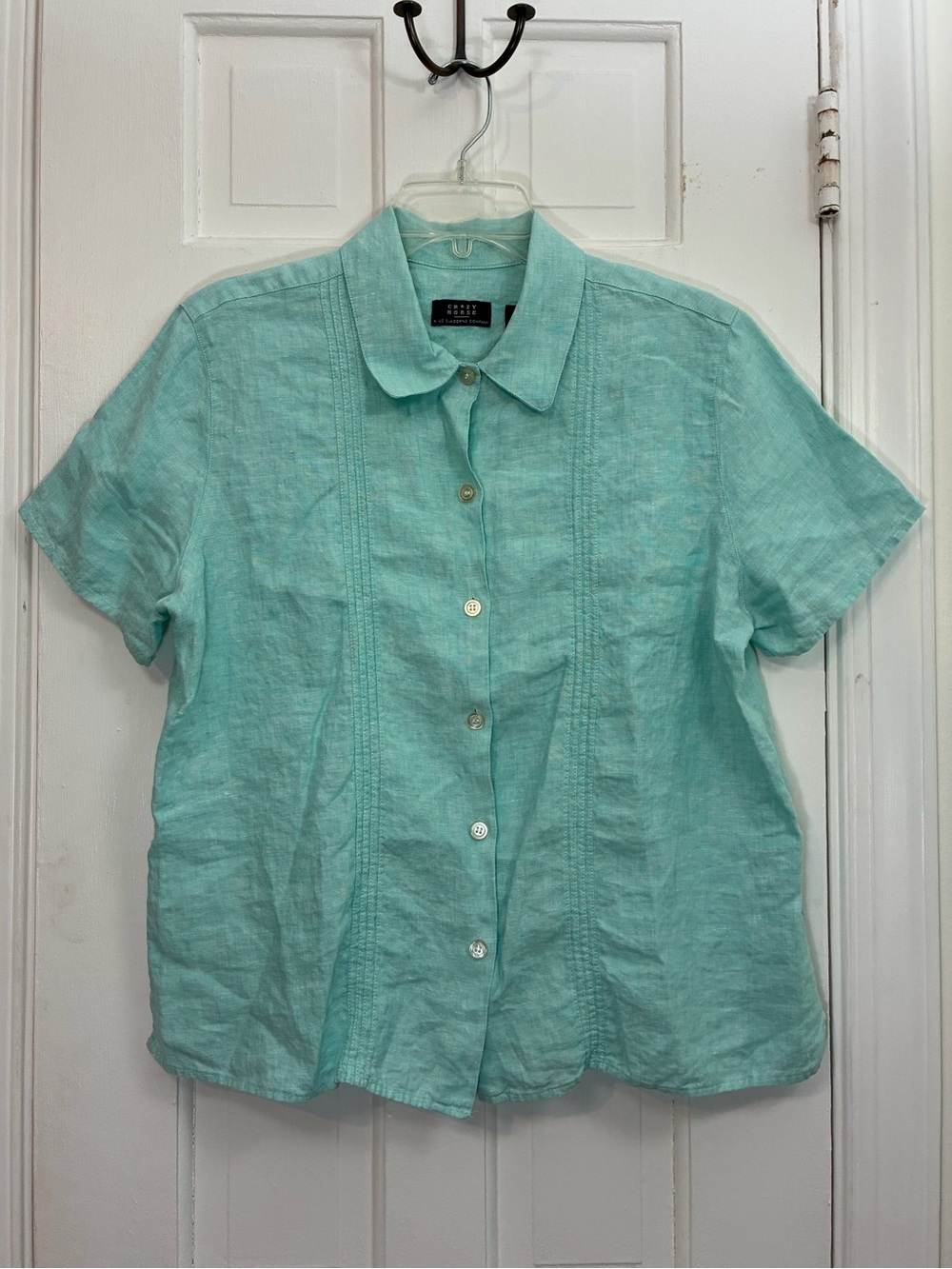 Liz Claiborne Crazy Horse Short-Sleeve Button Up 100% Linen Top Aqua Size Large